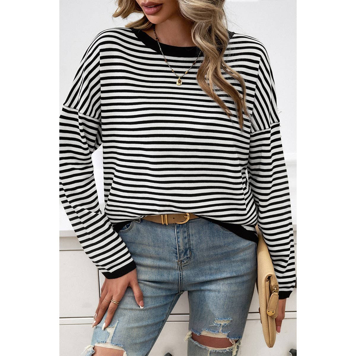 Strip Round Neck Drop Shoulder Loose Sweater - MVTFASHION.COM