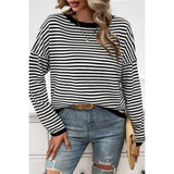 Strip Round Neck Drop Shoulder Loose Sweater - MVTFASHION.COM