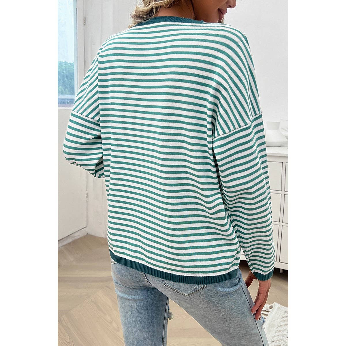 Strip Round Neck Drop Shoulder Loose Sweater - MVTFASHION.COM