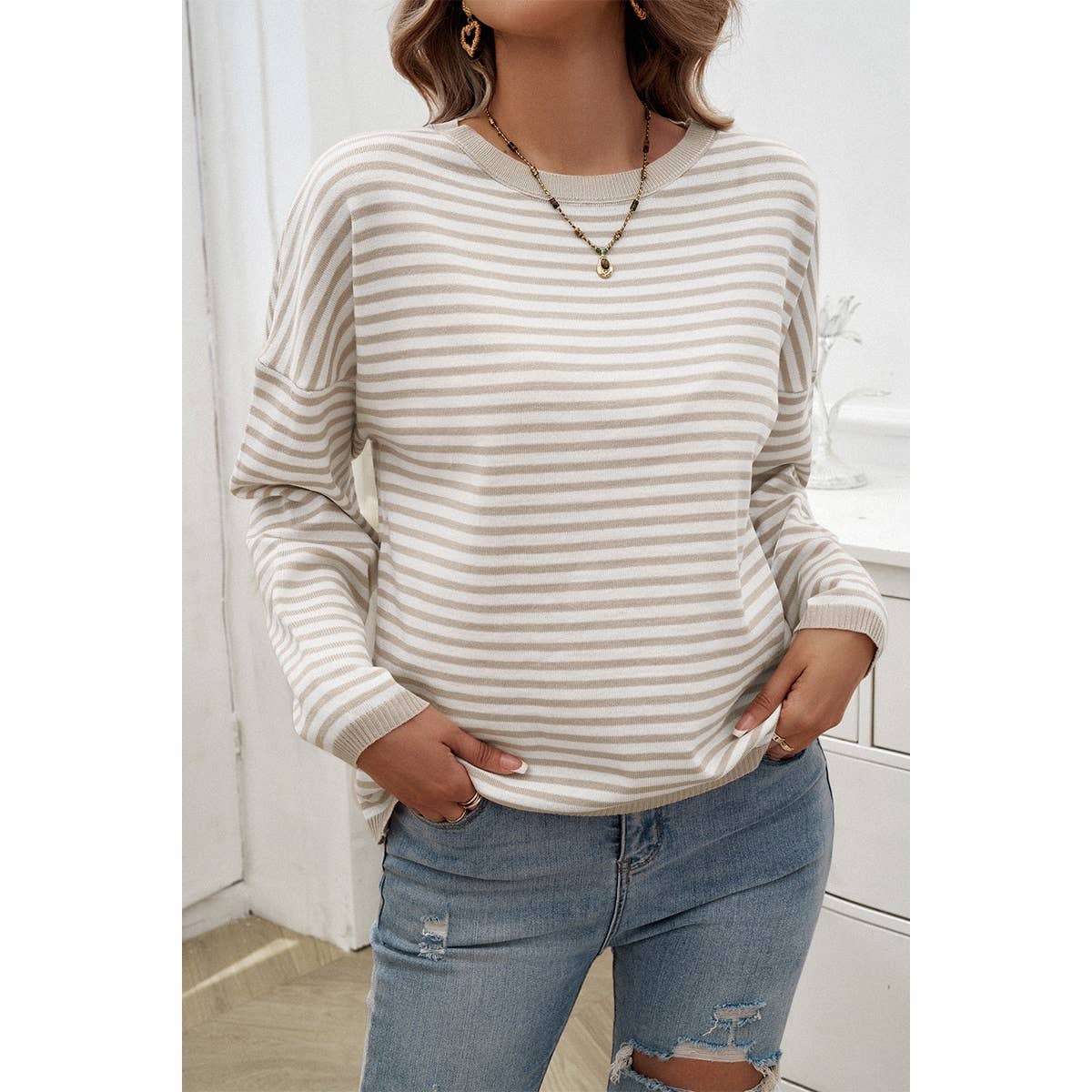 Strip Round Neck Drop Shoulder Loose Sweater - MVTFASHION.COM