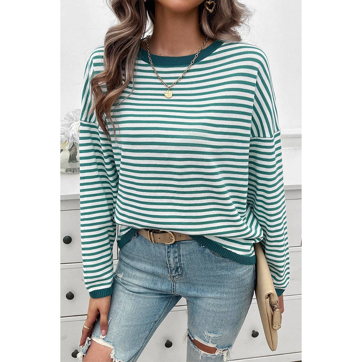 Strip Round Neck Drop Shoulder Loose Sweater - MVTFASHION.COM