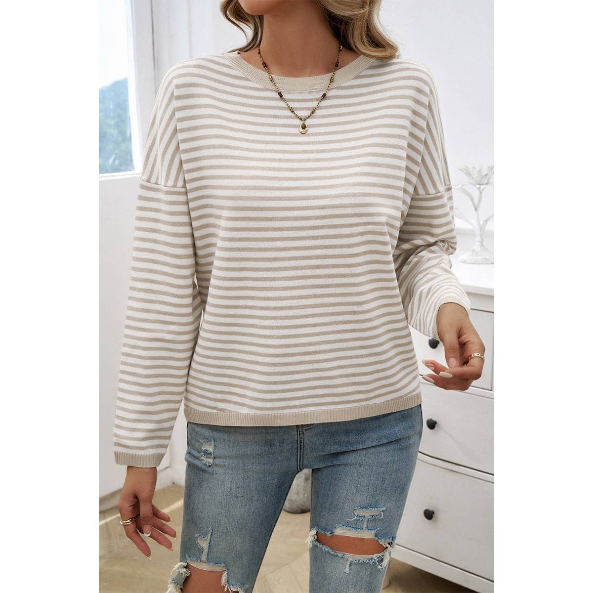 Strip Round Neck Drop Shoulder Loose Sweater - MVTFASHION.COM