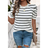 Strip Round Neck Knit Puff Sleeve Fit Top - MVTFASHION.COM