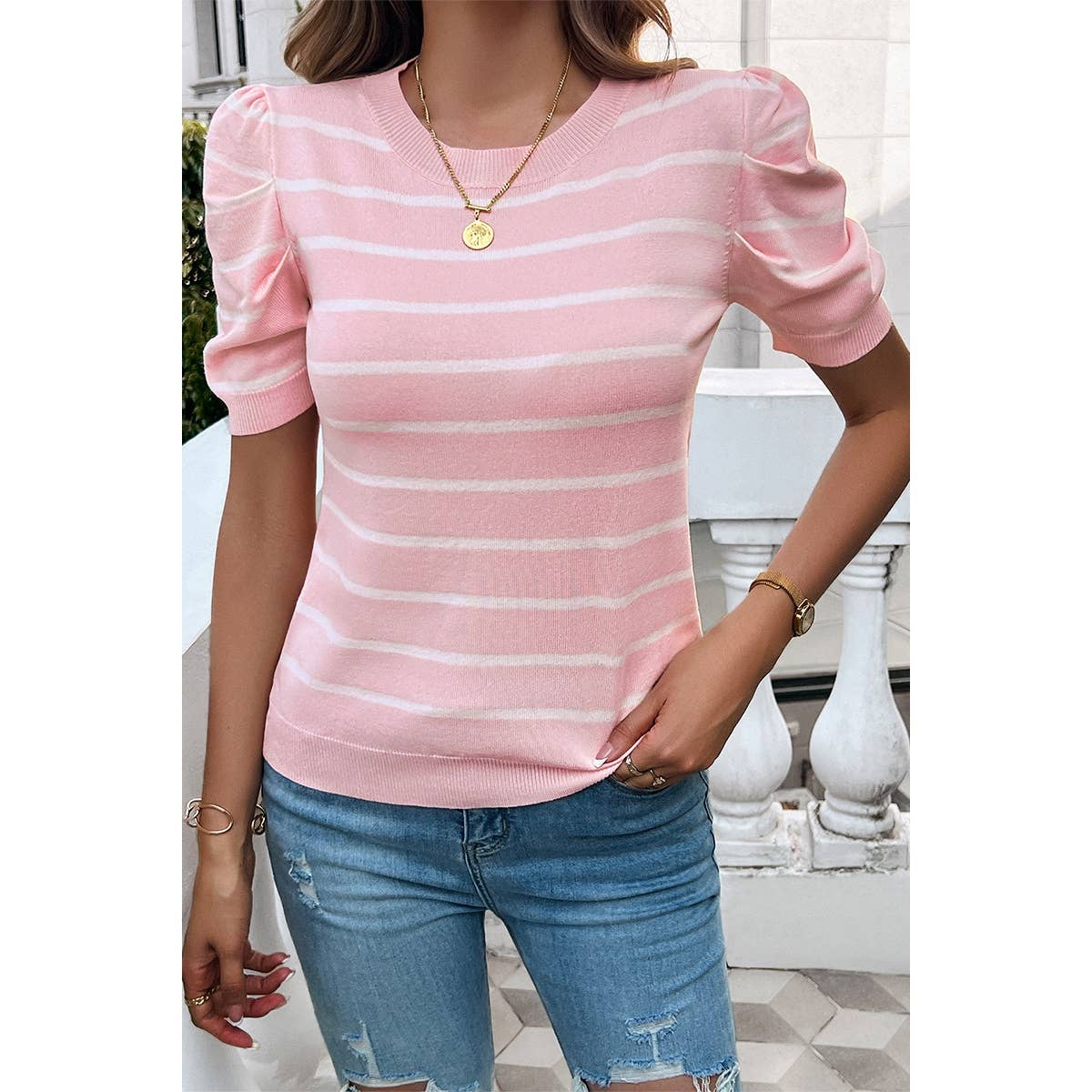 Strip Round Neck Knit Puff Sleeve Fit Top - MVTFASHION.COM