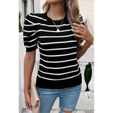 Strip Round Neck Knit Puff Sleeve Fit Top - MVTFASHION.COM