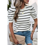 Strip Round Neck Knit Puff Sleeve Fit Top - MVTFASHION.COM