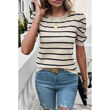 Strip Round Neck Knit Puff Sleeve Fit Top - MVTFASHION.COM