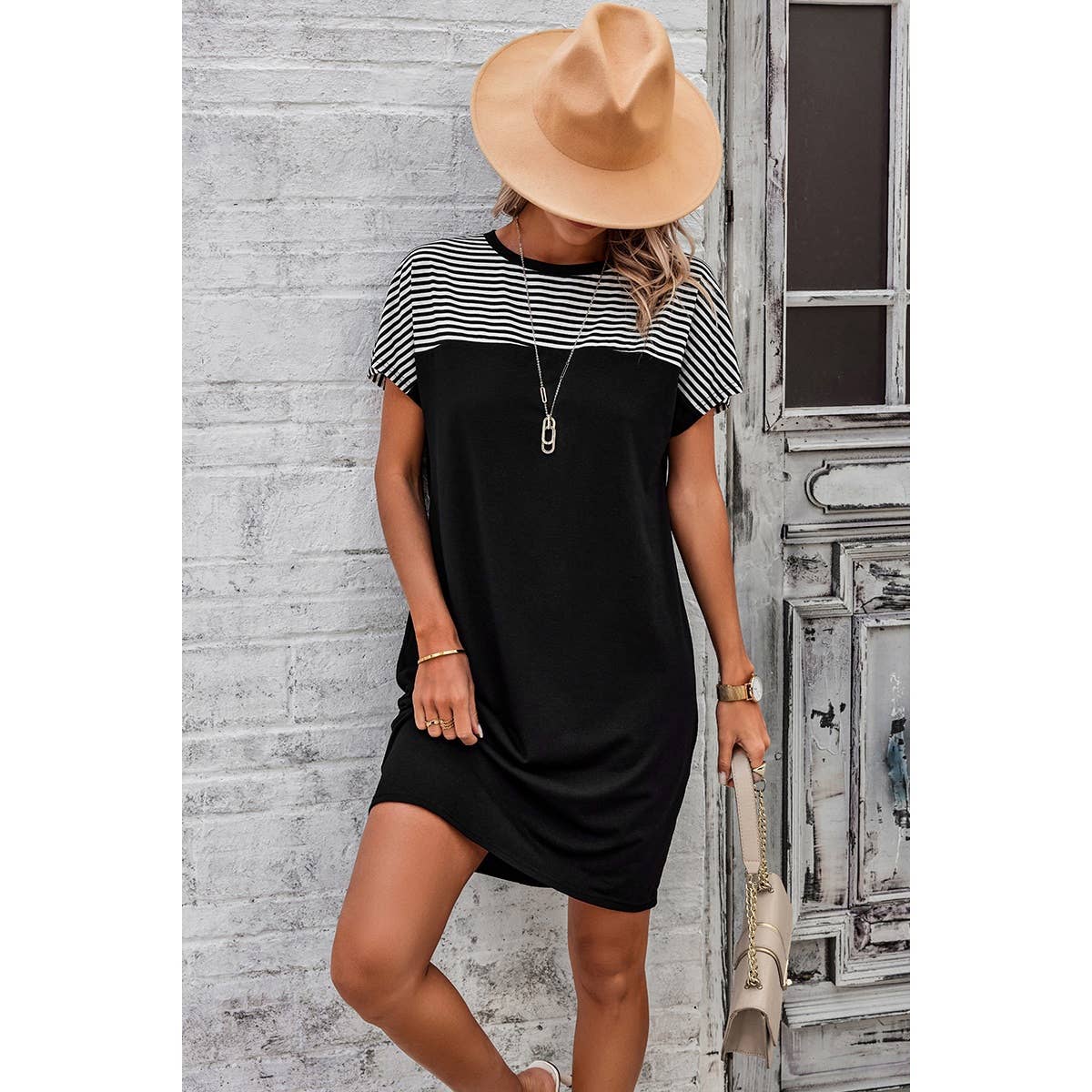 Strip Round Neck Loose Fit Shirt Midi Dress - MVTFASHION.COM