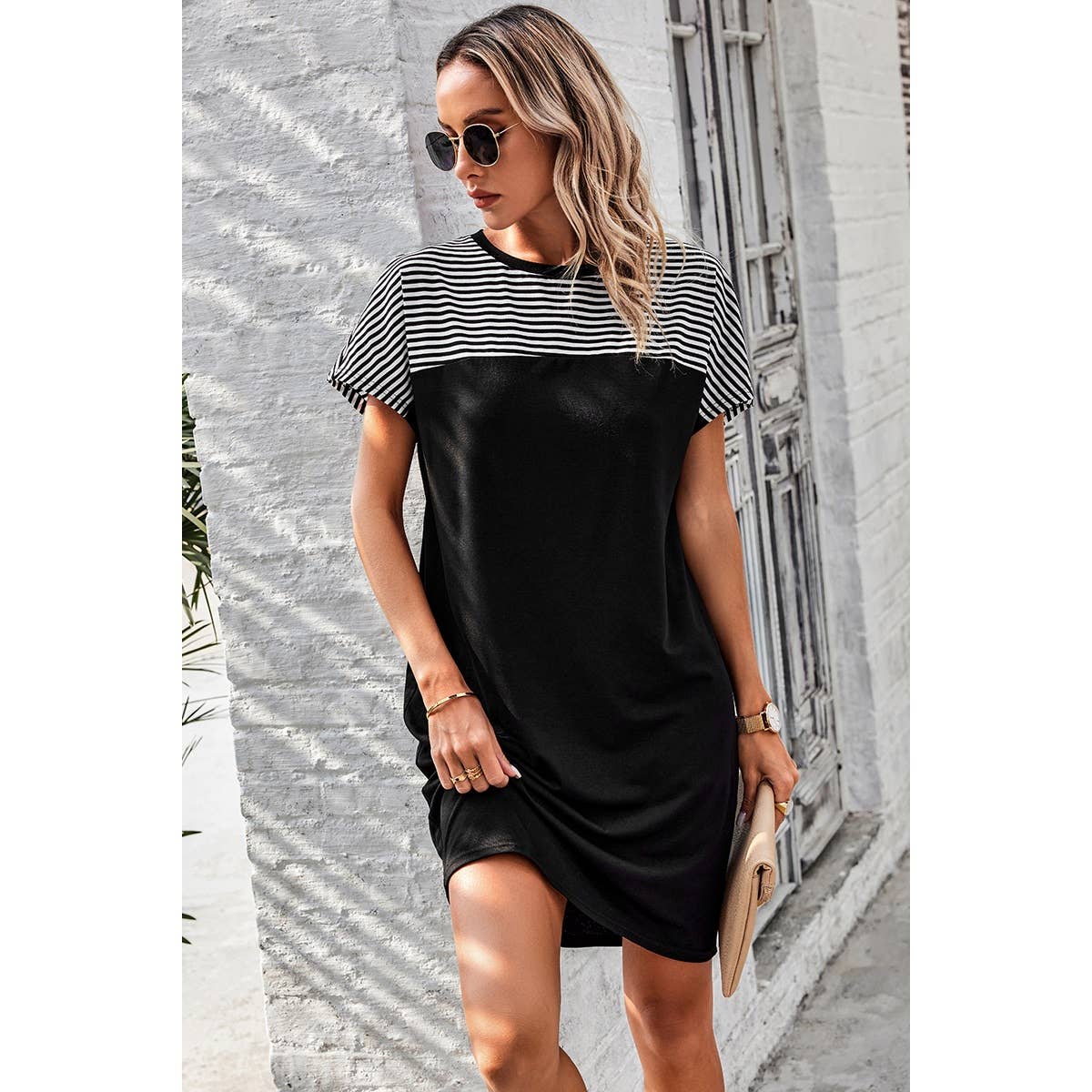 Strip Round Neck Loose Fit Shirt Midi Dress - MVTFASHION.COM