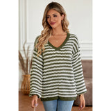 Stripe Crochet Color Block V Neck Knit Sweater - MVTFASHION.COM