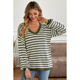 Stripe Crochet Color Block V Neck Knit Sweater - MVTFASHION.COM