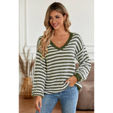 Stripe Crochet Color Block V Neck Knit Sweater - MVTFASHION.COM