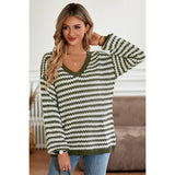 Stripe Crochet Color Block V Neck Knit Sweater - MVTFASHION.COM