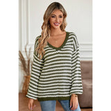 Stripe Crochet Color Block V Neck Knit Sweater - MVTFASHION.COM