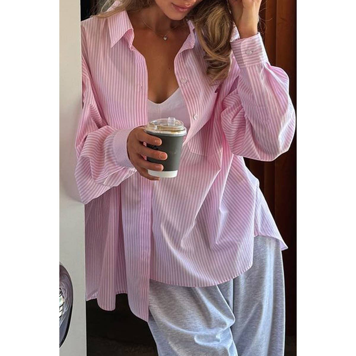 Stripe Long Sleeve Button Down Shirt - MVTFASHION.COM