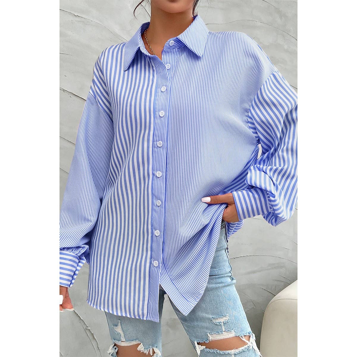 Stripe Print Button Down Long Sleeve Collar Shirt - MVTFASHION.COM