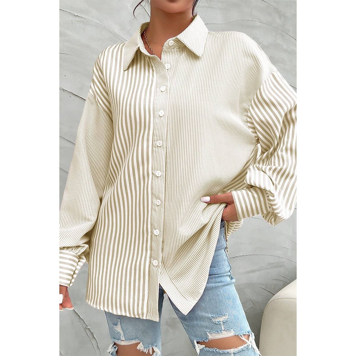 Stripe Print Button Down Long Sleeve Collar Shirt - MVTFASHION.COM