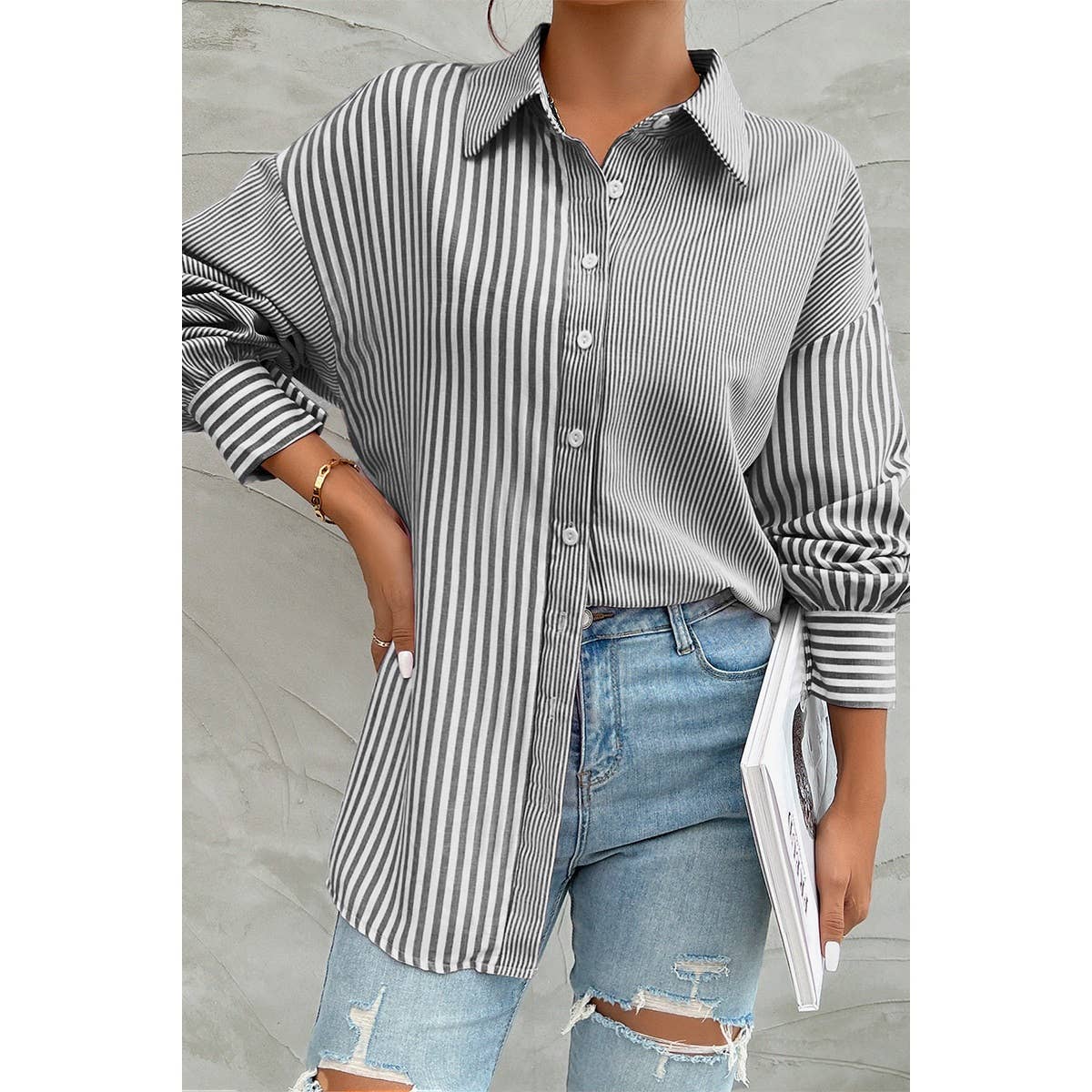 Stripe Print Button Down Long Sleeve Collar Shirt - MVTFASHION.COM