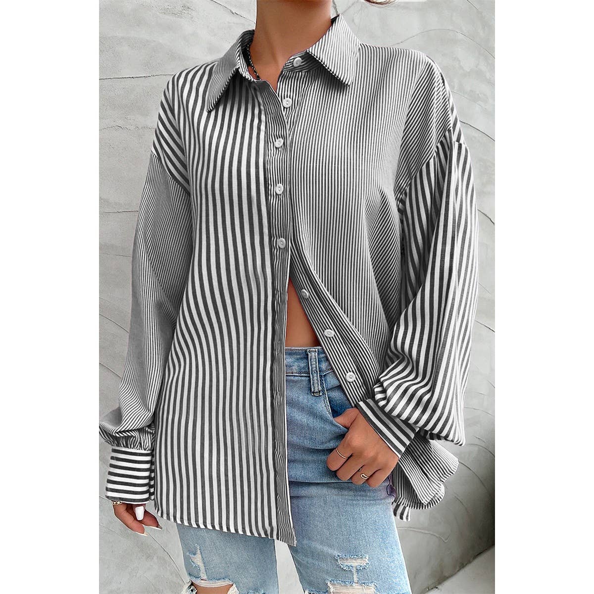 Stripe Print Button Down Long Sleeve Collar Shirt - MVTFASHION.COM