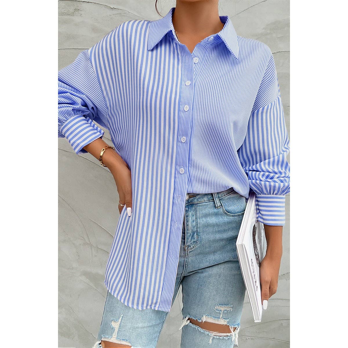 Stripe Print Button Down Long Sleeve Collar Shirt - MVTFASHION.COM