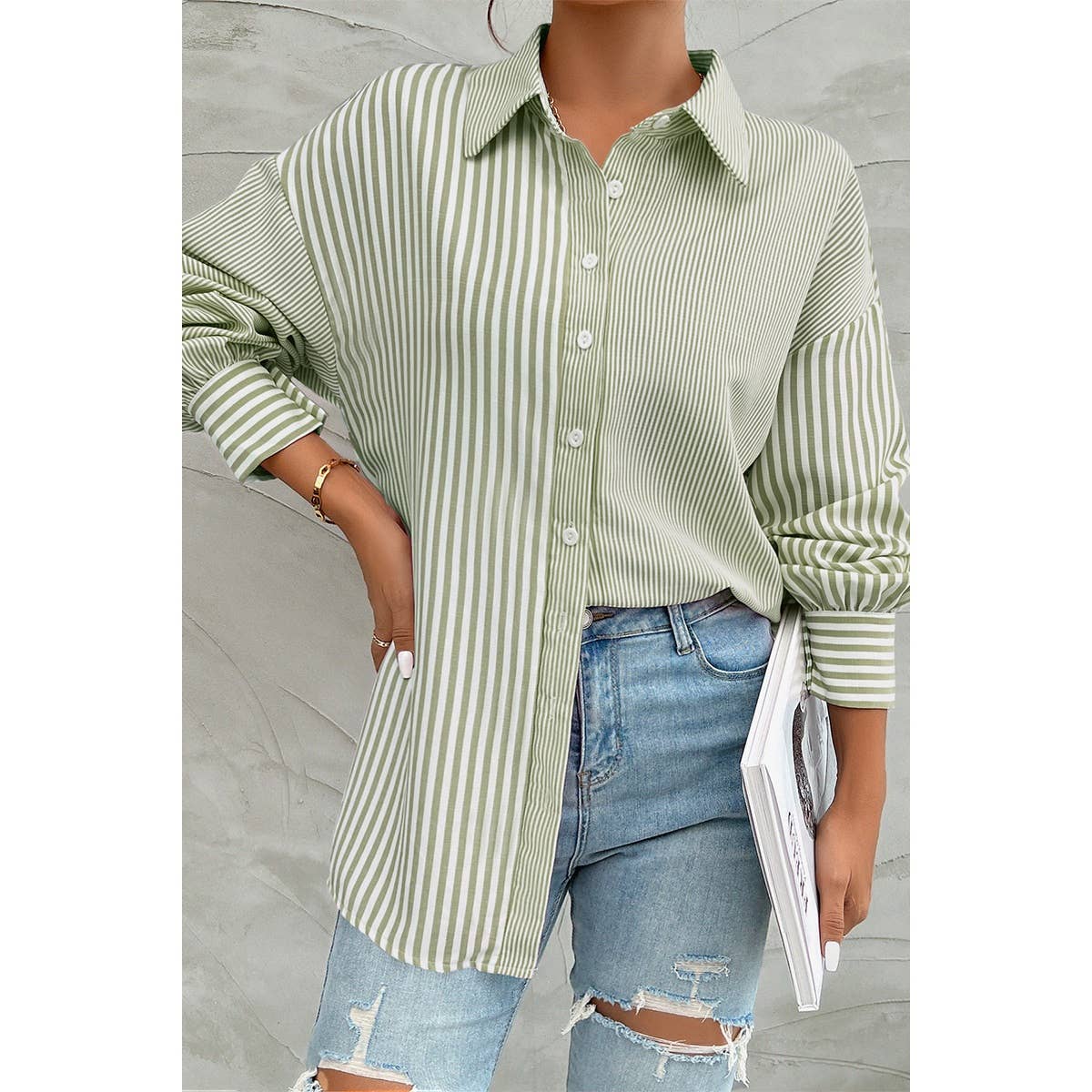 Stripe Print Button Down Long Sleeve Collar Shirt - MVTFASHION.COM