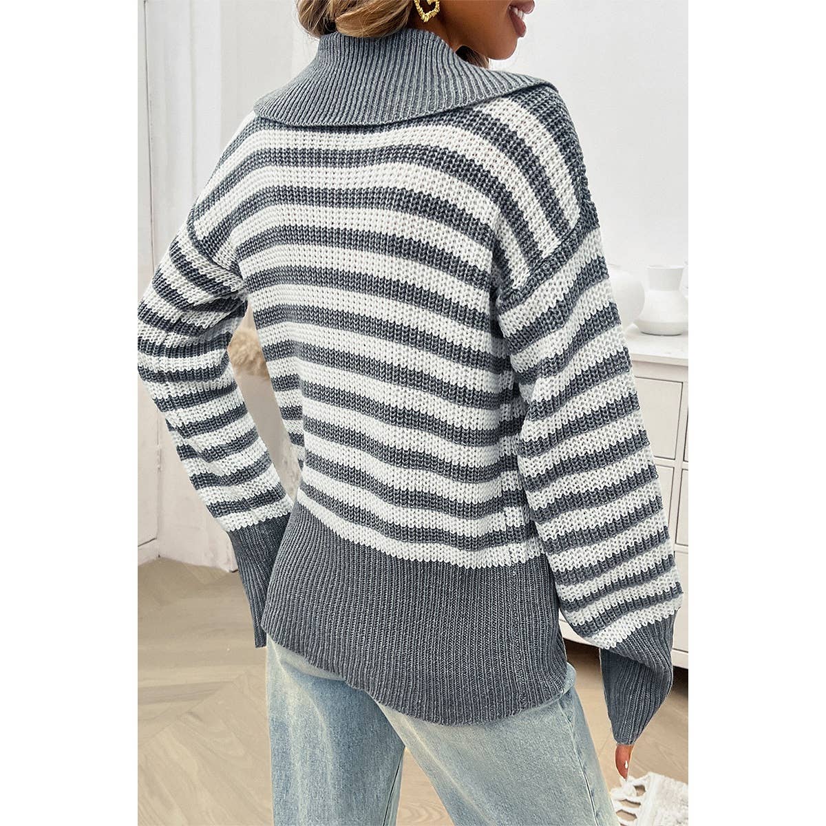 Striped Knit Pattern Loose Raglan Sleeve Sweater - MVTFASHION.COM