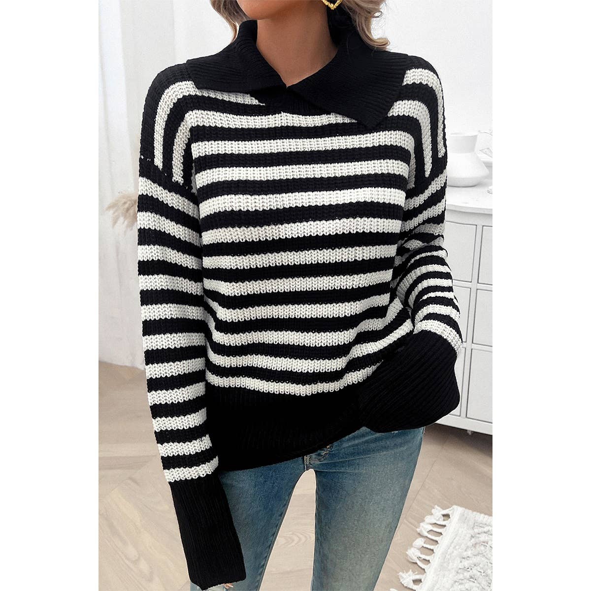 Striped Knit Pattern Loose Raglan Sleeve Sweater - MVTFASHION.COM