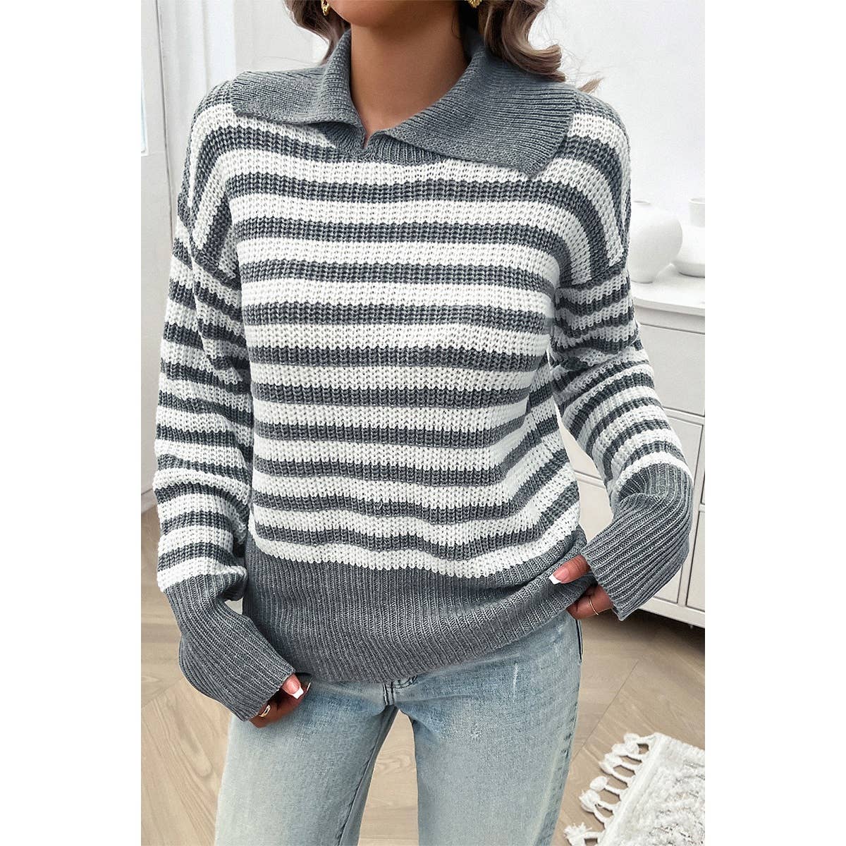 Striped Knit Pattern Loose Raglan Sleeve Sweater - MVTFASHION.COM