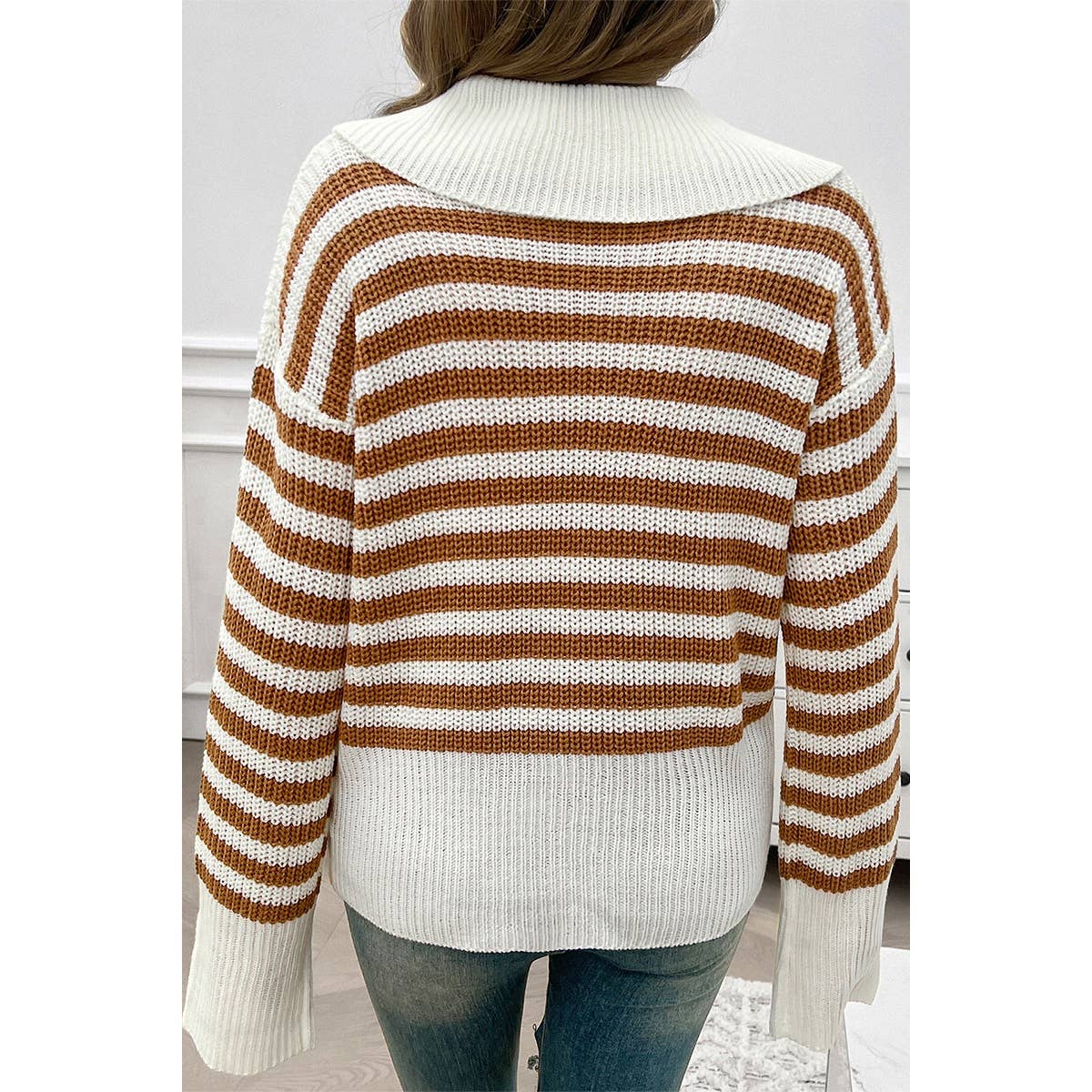 Striped Knit Pattern Loose Raglan Sleeve Sweater - MVTFASHION.COM