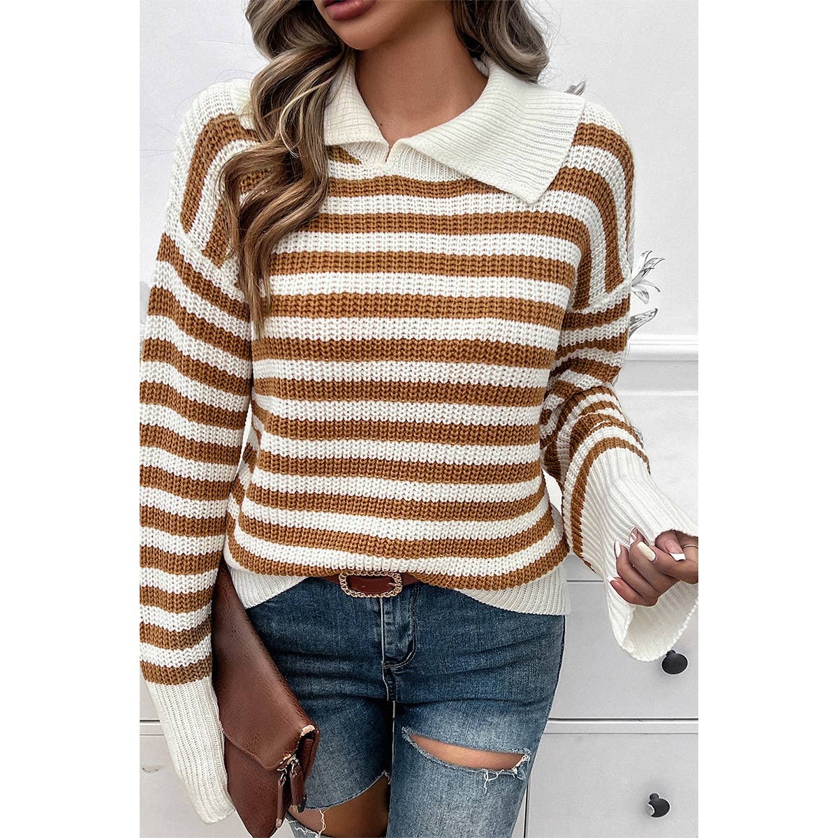 Striped Knit Pattern Loose Raglan Sleeve Sweater - MVTFASHION.COM