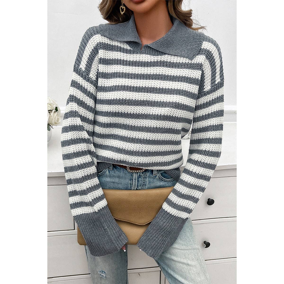 Striped Knit Pattern Loose Raglan Sleeve Sweater - MVTFASHION.COM