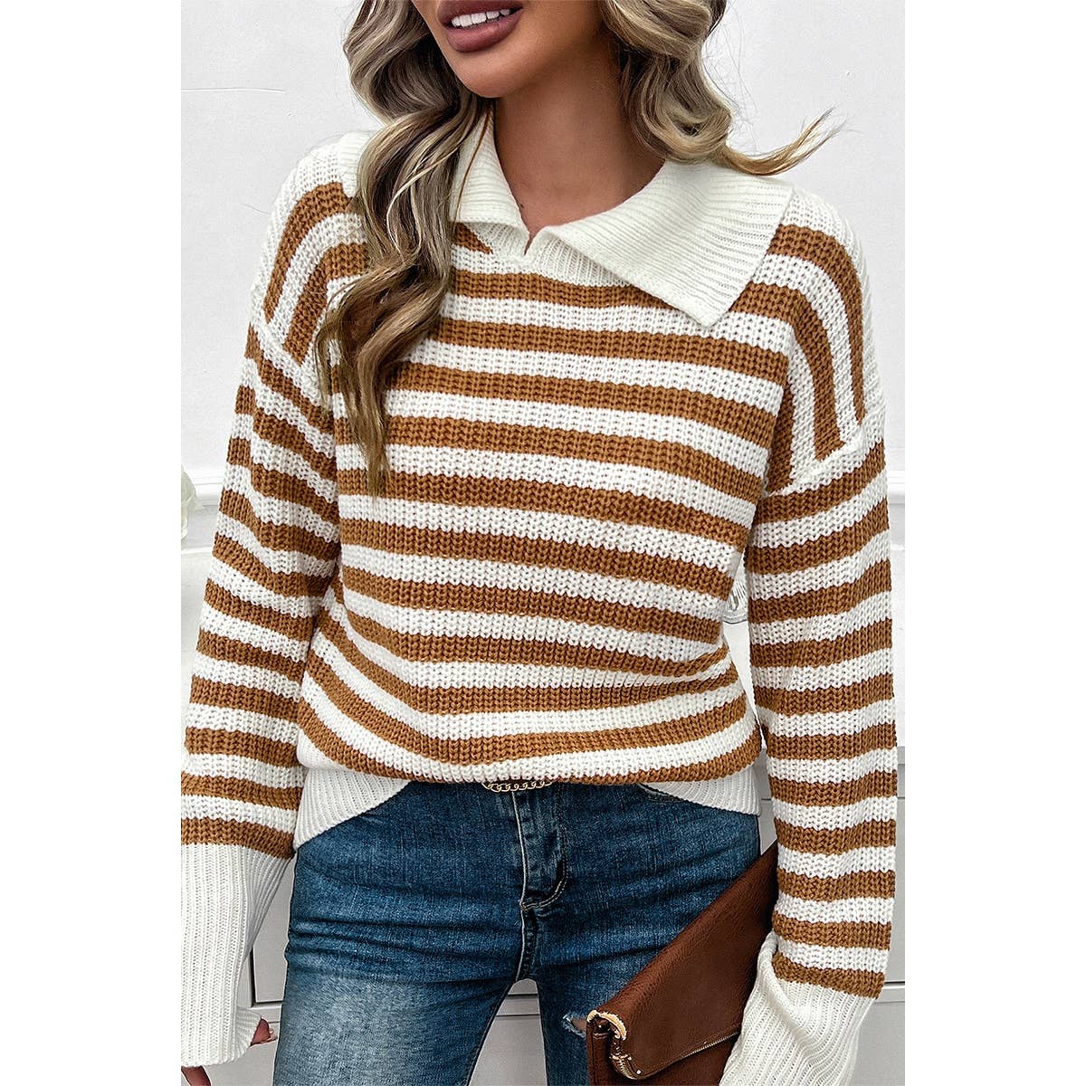 Striped Knit Pattern Loose Raglan Sleeve Sweater - MVTFASHION.COM