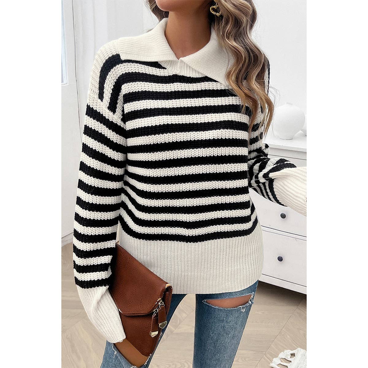 Striped Knit Pattern Loose Raglan Sleeve Sweater - MVTFASHION.COM