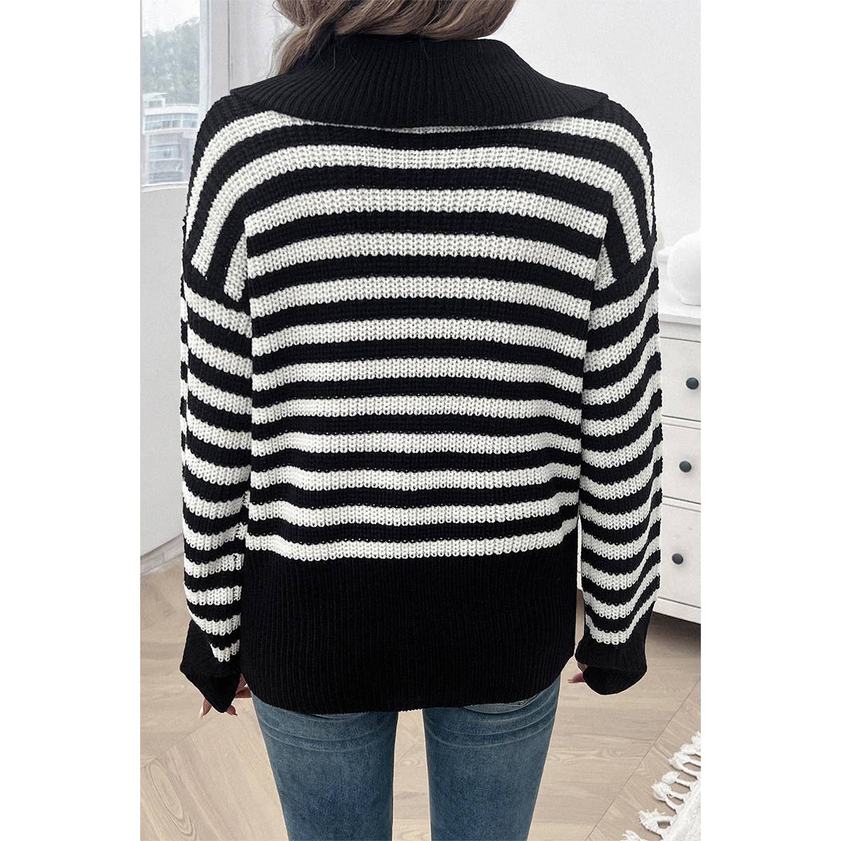 Striped Knit Pattern Loose Raglan Sleeve Sweater - MVTFASHION.COM