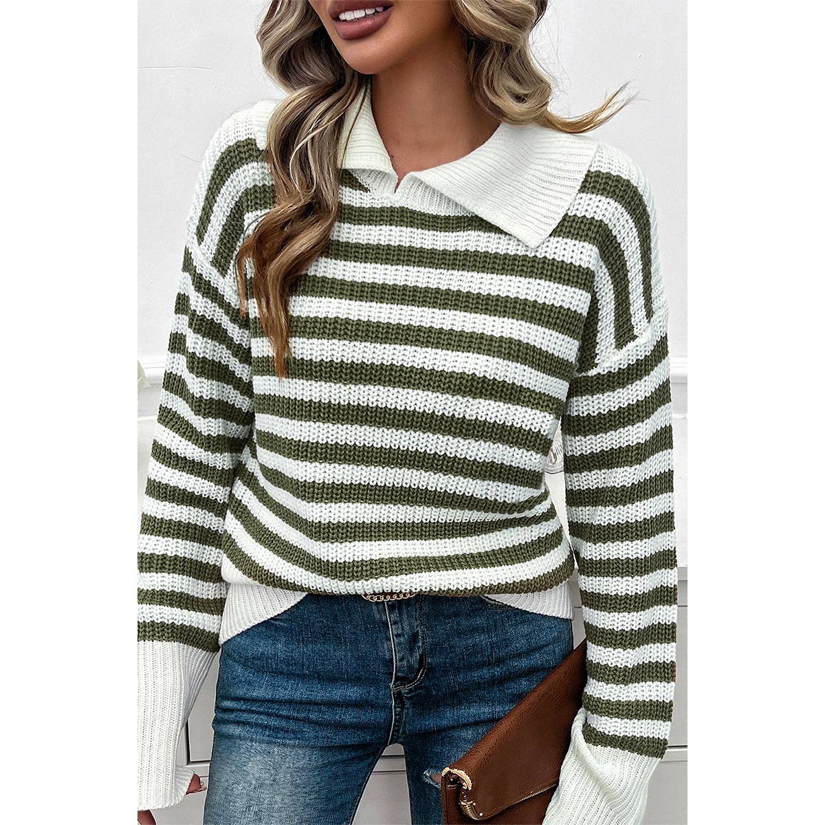 Striped Knit Pattern Loose Raglan Sleeve Sweater - MVTFASHION.COM