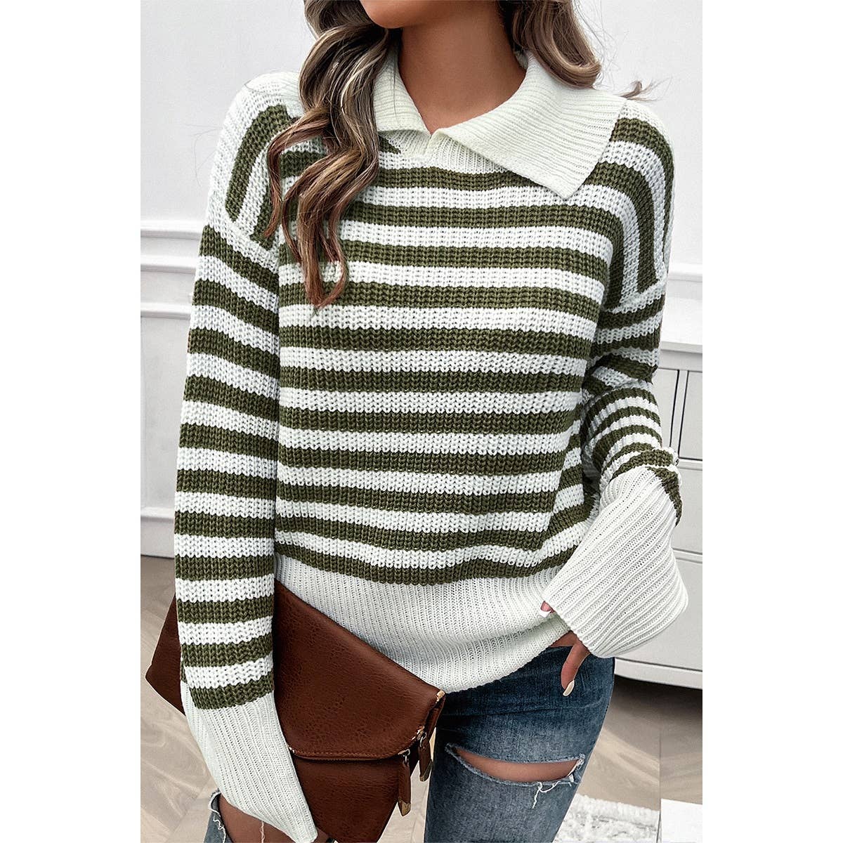 Striped Knit Pattern Loose Raglan Sleeve Sweater - MVTFASHION.COM