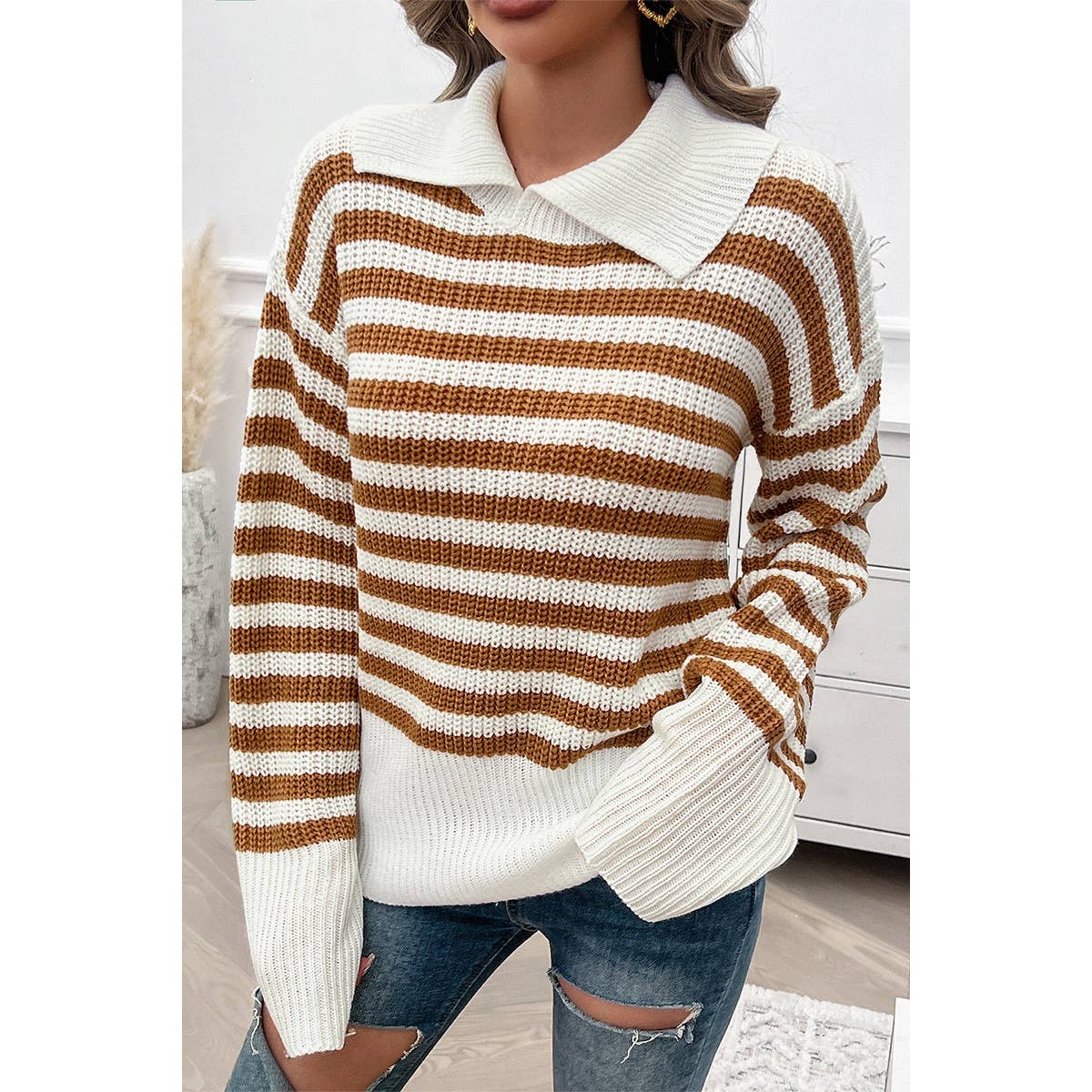 Striped Knit Pattern Loose Raglan Sleeve Sweater - MVTFASHION.COM