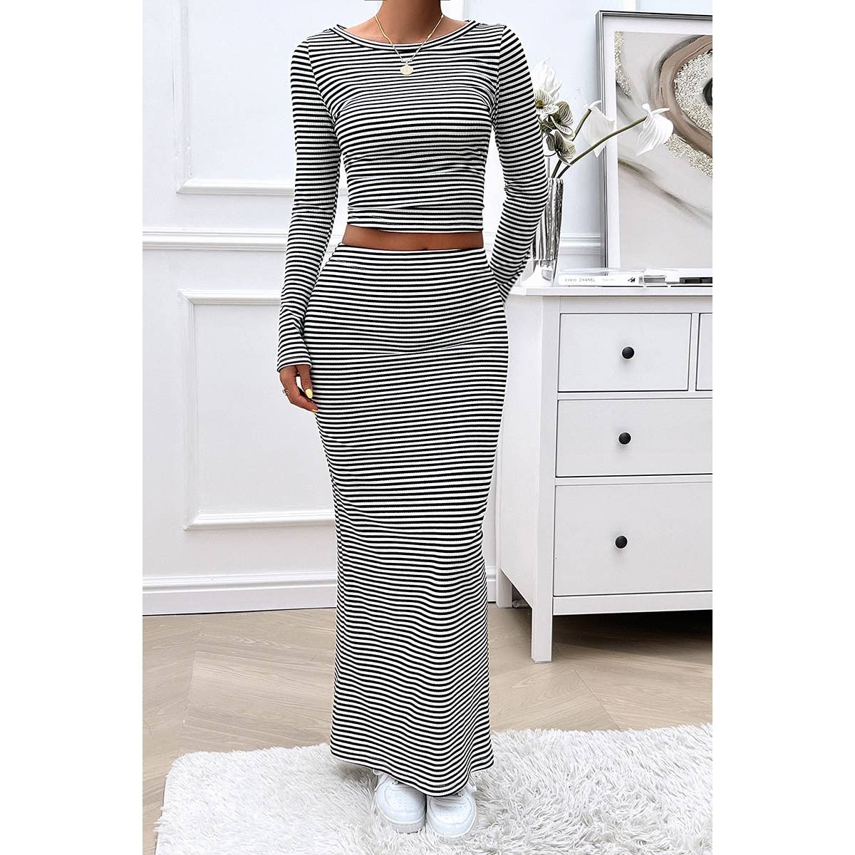 Striped Knitted Crop Top Wrap Hip Long Skirt Set - MVTFASHION.COM