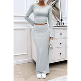 Striped Knitted Crop Top Wrap Hip Long Skirt Set - MVTFASHION.COM