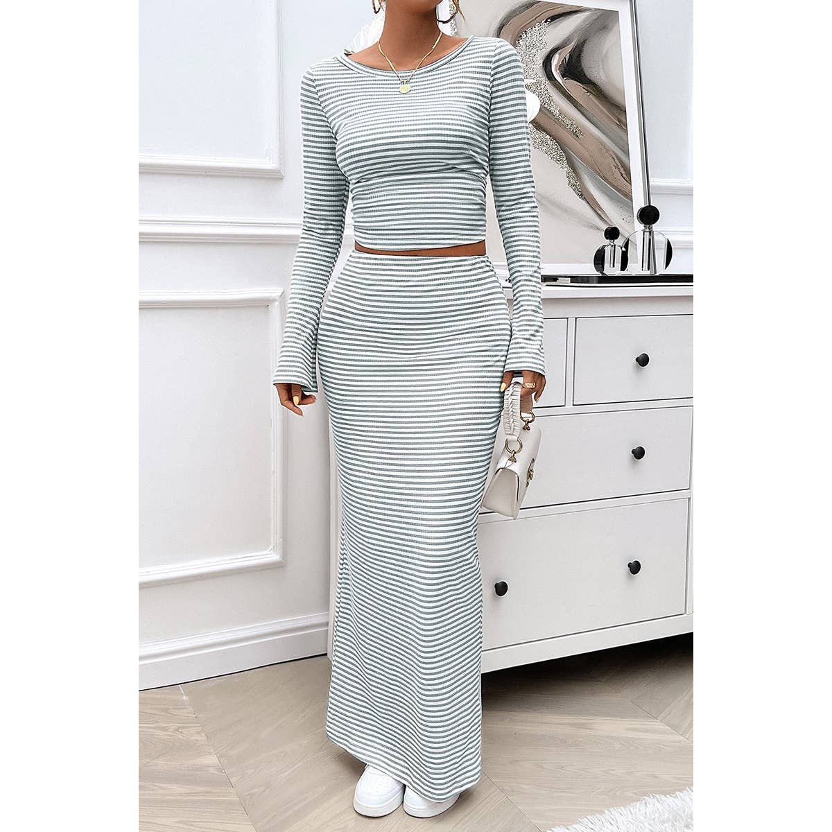 Striped Knitted Crop Top Wrap Hip Long Skirt Set - MVTFASHION.COM