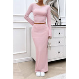 Striped Knitted Crop Top Wrap Hip Long Skirt Set - MVTFASHION.COM