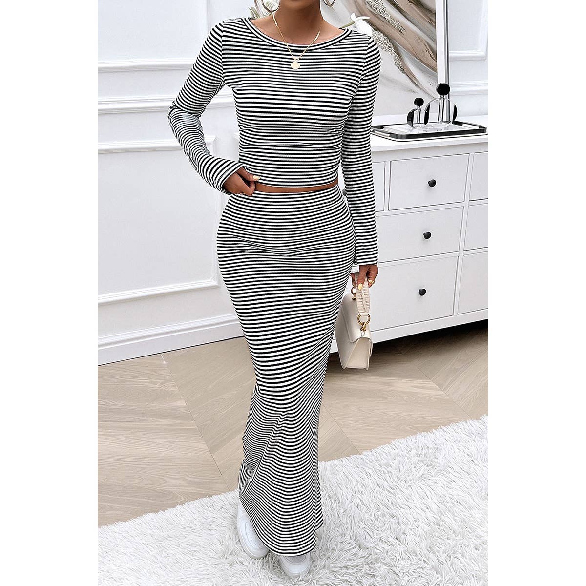 Striped Knitted Crop Top Wrap Hip Long Skirt Set - MVTFASHION.COM