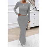 Striped Knitted Crop Top Wrap Hip Long Skirt Set - MVTFASHION.COM