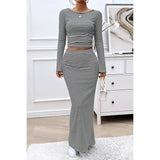 Striped Knitted Crop Top Wrap Hip Long Skirt Set - MVTFASHION.COM