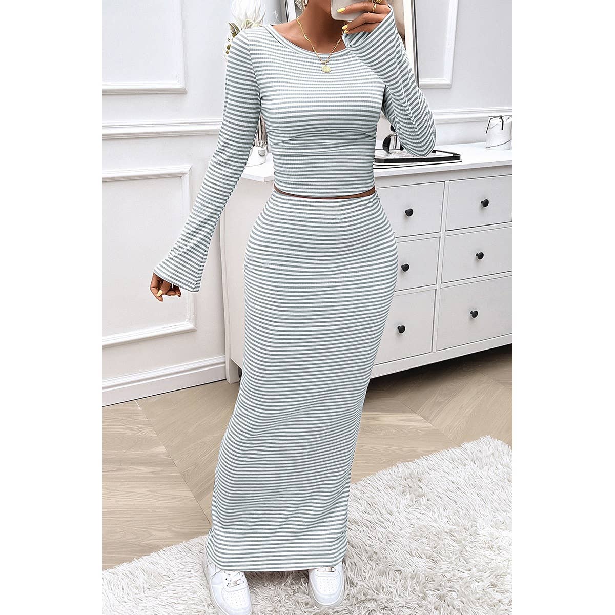 Striped Knitted Crop Top Wrap Hip Long Skirt Set - MVTFASHION.COM