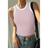 Striped Round Neck White Trim Crop Fitted Tank Top - MVTFASHION.COM