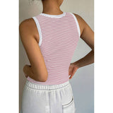 Striped Round Neck White Trim Crop Fitted Tank Top - MVTFASHION.COM