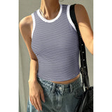 Striped Round Neck White Trim Crop Fitted Tank Top - MVTFASHION.COM