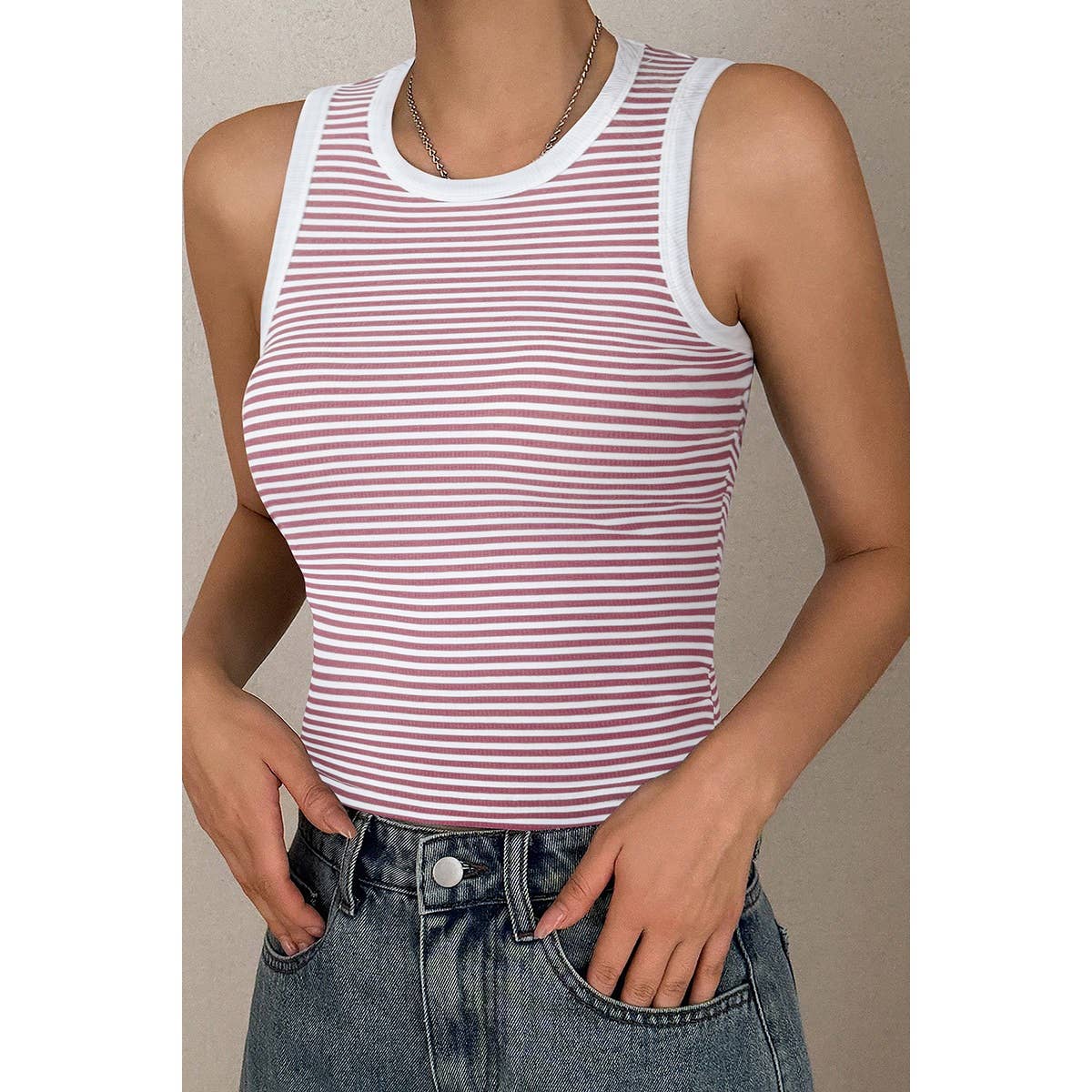 Striped Round Neck White Trim Crop Fitted Tank Top - MVTFASHION.COM