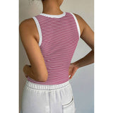 Striped Round Neck White Trim Crop Fitted Tank Top - MVTFASHION.COM